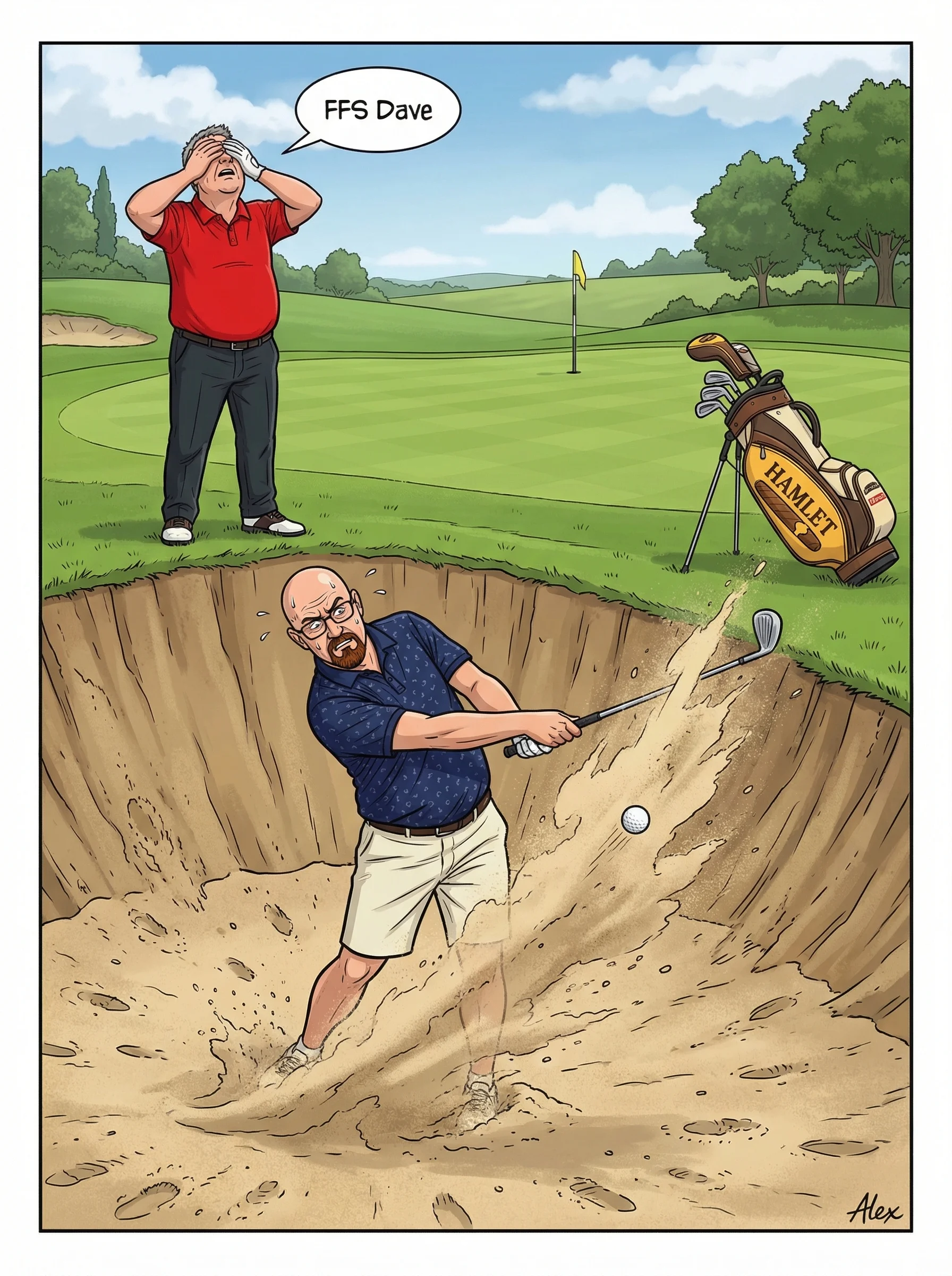 Dave stuck in a golf bunker while Kev despairs