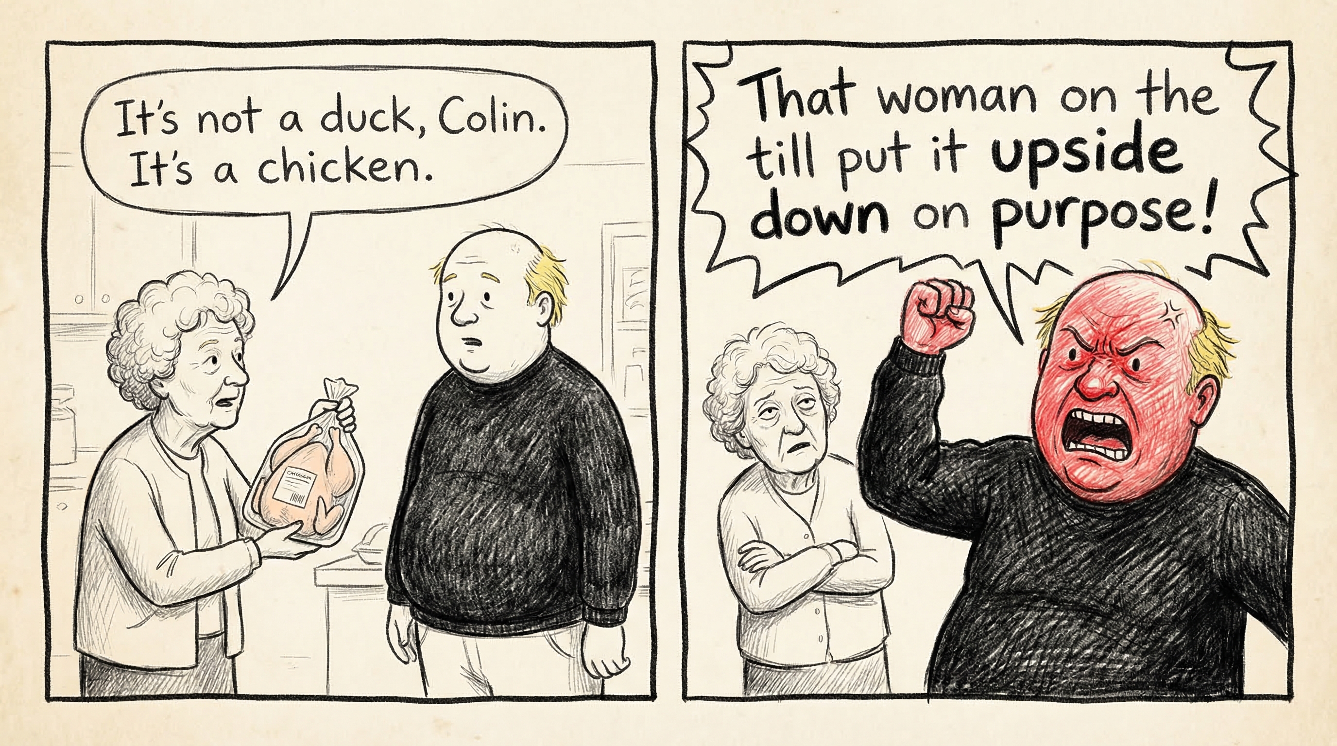 Colin's mum turns the chicken right way up, Colin blames the woman on the till - notebook style