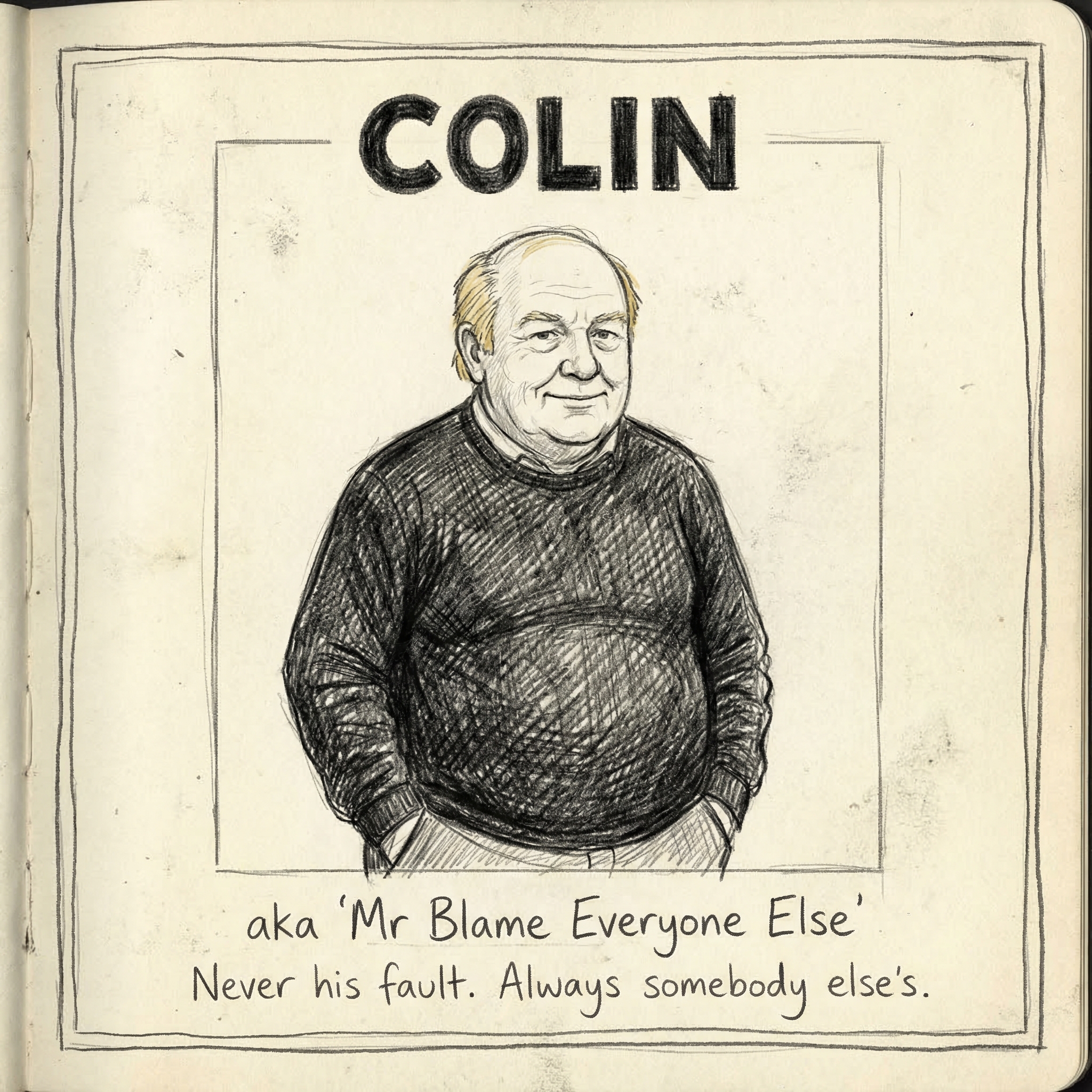 Colin character profile card - notebook style, rough pencil sketch