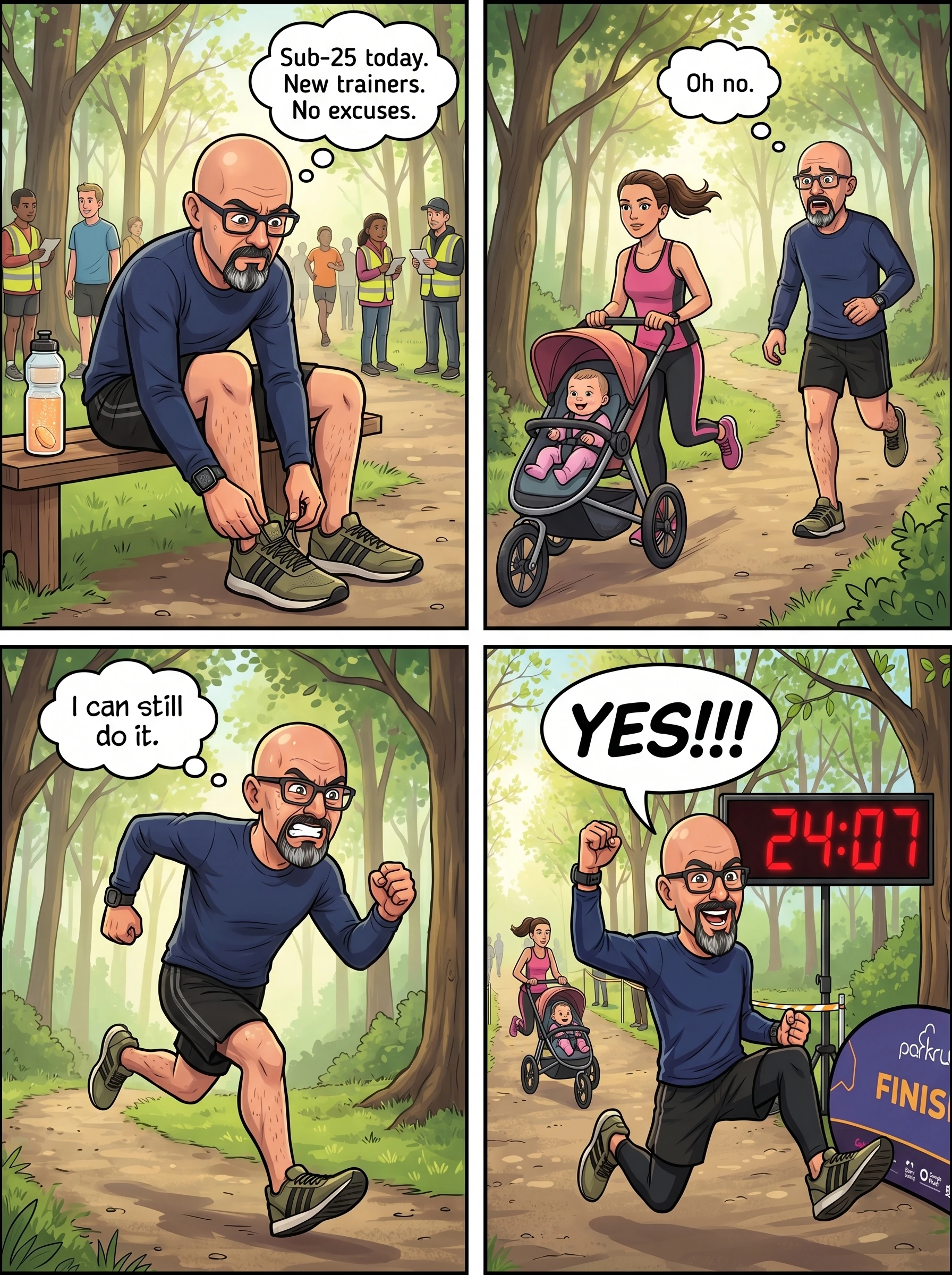 Desperate Dan parkrun 4-panel greeting card - laces up, gets overtaken by a running buggy mum, digs in, crosses the line at 24:07 PB - vivid style