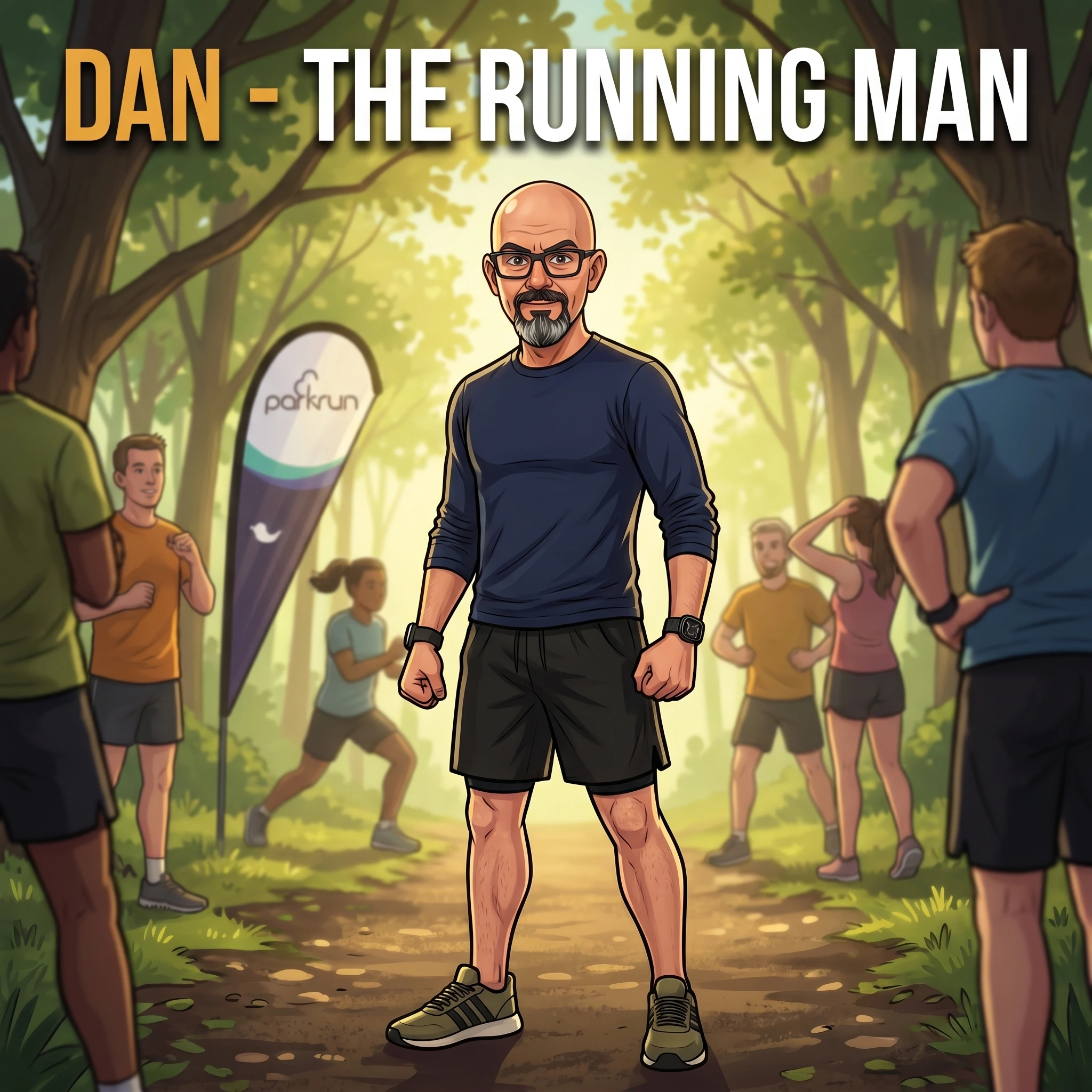Desperate Dan crossing the parkrun finish line with a PB of 24:07 - vivid style, cinematic