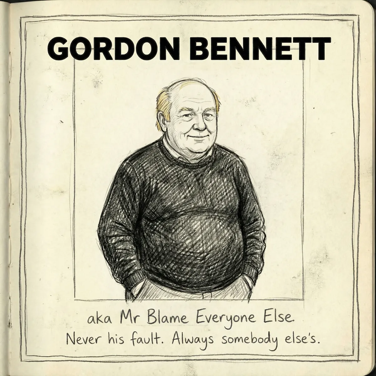 Gordon Bennett character profile card - notebook style, rough pencil sketch