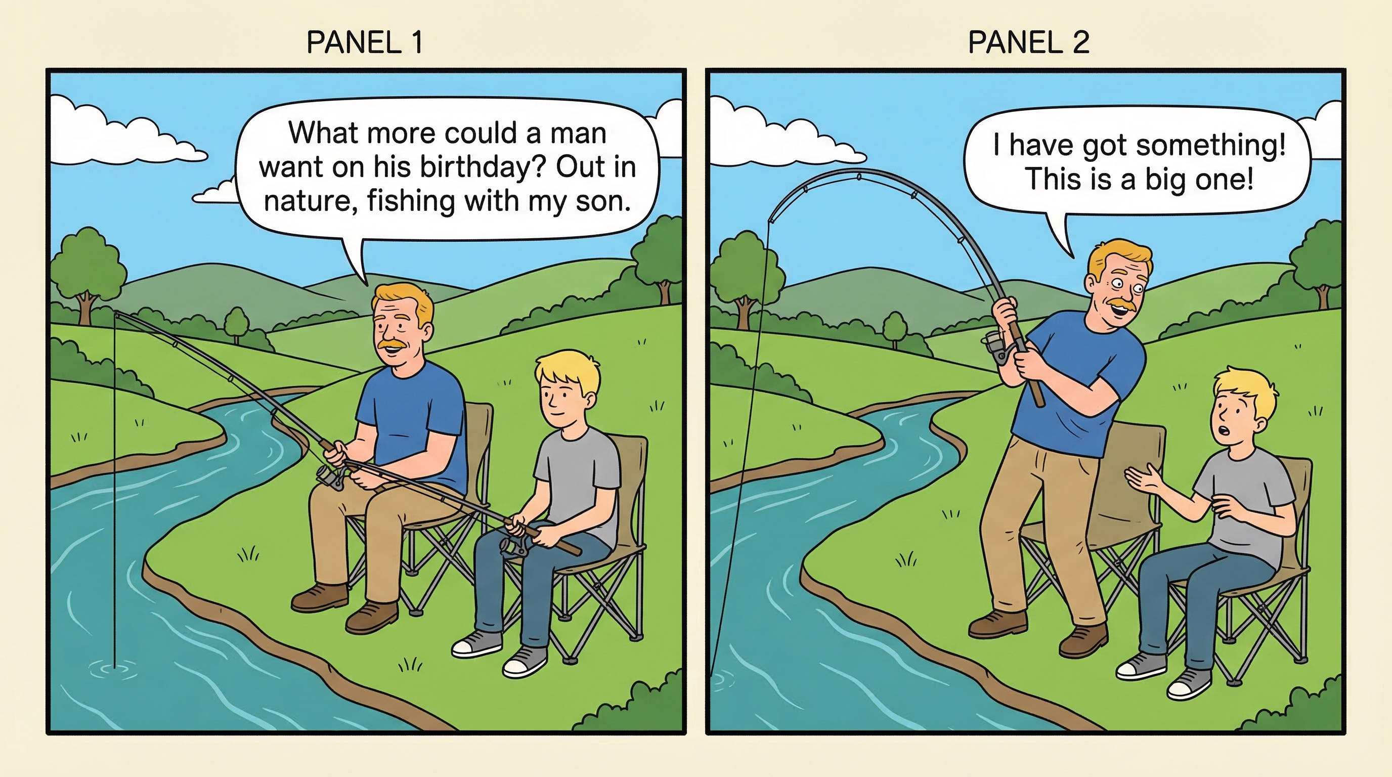 Tom and Connor fishing on his birthday - ligne claire style