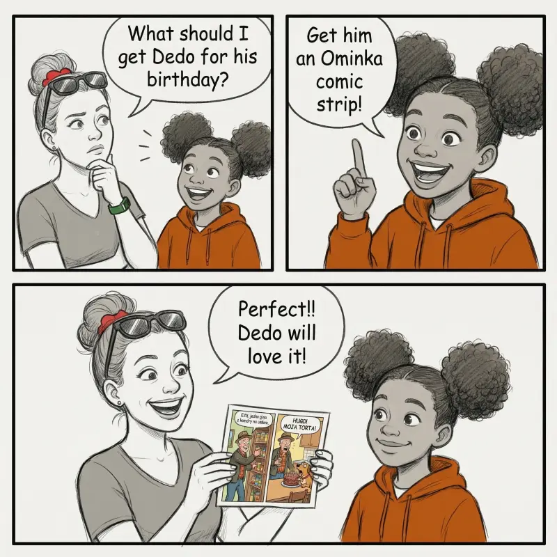 Three-panel comic: Zuzana asks what to get Dedo for his birthday, Omi suggests an Ominka comic strip, Zuzana holds the finished comic saying Perfect, Dedo will love it!